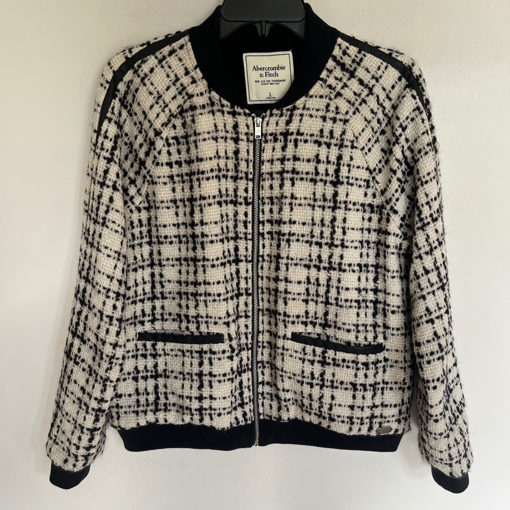 Abercrombie & Fitch Women Tweed Bomber Jacket Wool Blend Black Cream Large L